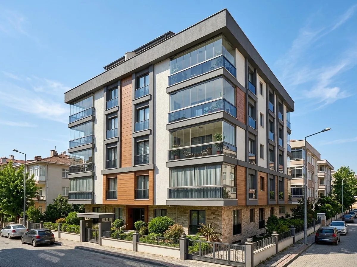 Balkonları cam balkonla kapatılmış apartman dış cephesi