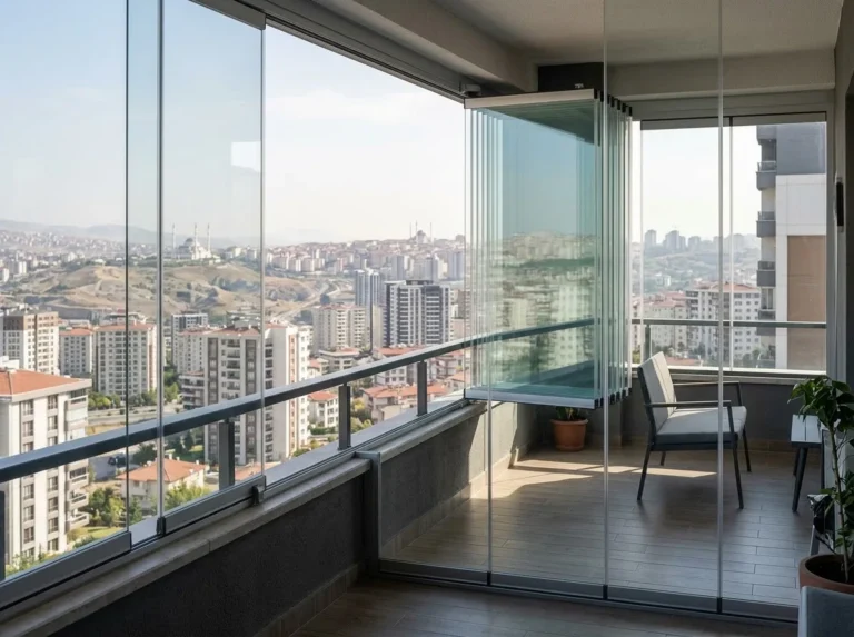 Apartman balkonunda katlanır cam balkon sistemi